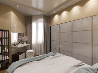 Fototapeta na wymiar 3D render of interior design of a bedroom in beige color.