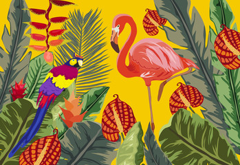 Panele Szklane  Lato tropikalny tło. Flaming z liśćmi palmy i bananowca, kwiatami monstery i bielunia