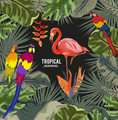 Summer tropical background. Flamingo bird with palm and banana leaves, monstera and datura flowers