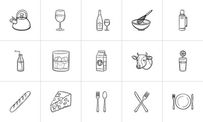 Food and drink hand drawn outline doodle icon set for print, web, mobile and infographics. Food and drink vector sketch illustration set isolated on white background.