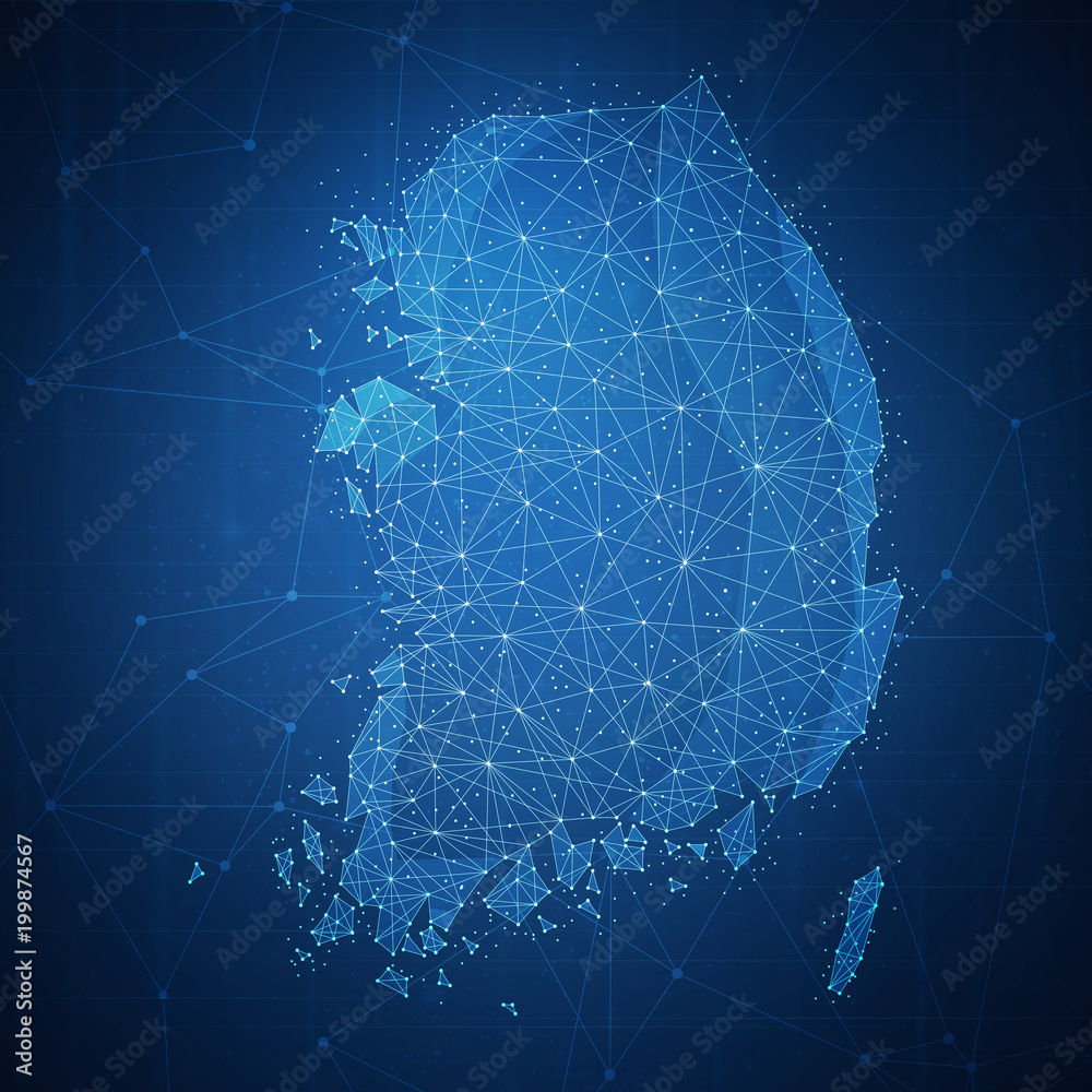 Poster polygon korea map with blockchain technology peer to peer network on futuristic hud background. netw