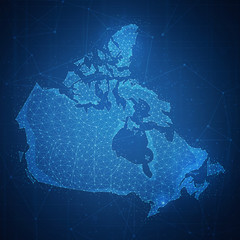 Polygon Canada map with blockchain technology peer to peer network on futuristic hud background. Network, p2p business, e-commerce, bitcoin trade and cryptocurrency blockchain business banner concept.