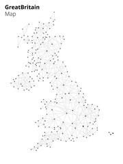 Naklejka na ściany i meble Great britain map illustration in blockchain technology network style on white background. Block chain polygon peer to peer network connected lines technique. Cryptocurrency fintech business concept