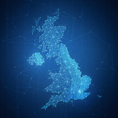Polygon United kingdom map with blockchain technology peer to peer network on futuristic hud background. Network, e-commerce, bitcoin trade and cryptocurrency blockchain business banner concept.