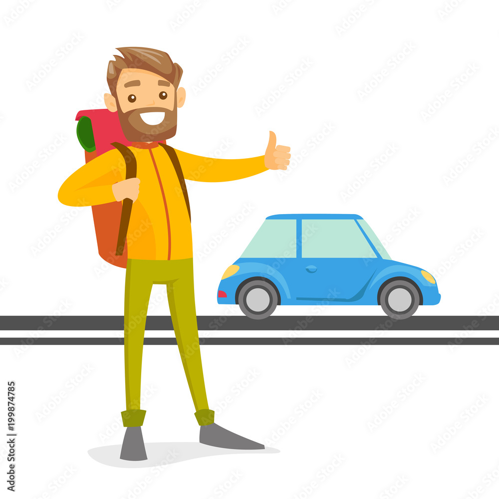 Poster young caucasian white man with a backpack holding thumb up to catch a taxi car. hipster hitchhiking 