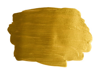 Gold acrylic watercolor paint brush stroke free hand drawing texture isolated on white background top view photo object design