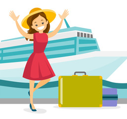Young caucasian white tourist with a suitcase standing on the background of cruise liner. Travel and tourism, vacation and holiday concept. Vector cartoon illustration isolated on white background.