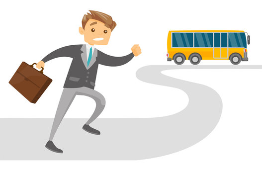Caucasian white late businessman with briefcase running for an outgoing bus. Young latecomer man running to reach a bus. Vector cartoon illustration isolated on white background. Horizontal layout.