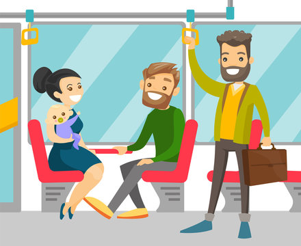 Young caucasian white people traveling by public transport. Cheerful passengers sitting and standing in commuter bus. Vector cartoon illustration isolated on white background. Square layout.