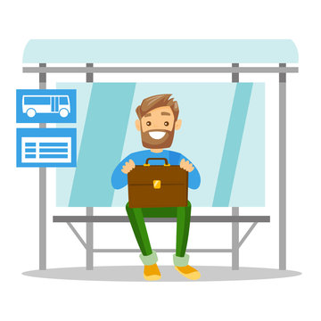 Young caucasian white businessman with briefcase waiting at the bus stop. Happy hipster man with beard sitting at the bus stop. Vector cartoon illustration isolated on white background. Square layout.