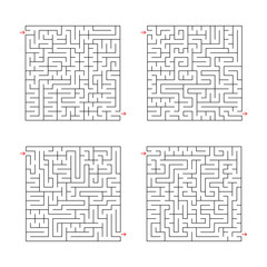 A set of square flat labyrinths. An interesting game for children. Simple flat vector illustration isolated on white background.