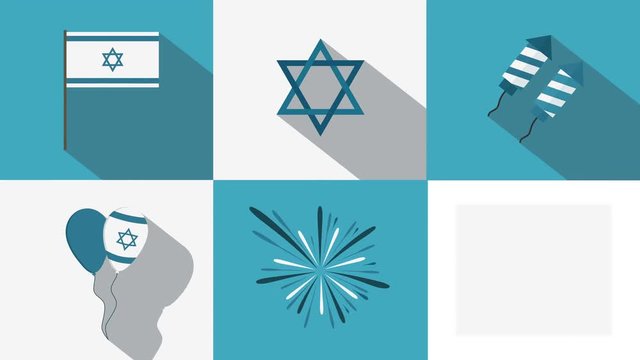Israel Independence Day holiday flat design animation icon set with traditional symbols and text in hebrew
