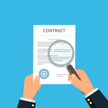 Contract inspection for fraud prevention. Close-up businessman hands holding contract and magnifying glass. Reading and analyzing document. Vector illustration in flat style.