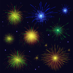 Multicolored sparkling vector blue, golden, green, red fireworks set