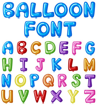 Balloon font design for english alphabets in many colors