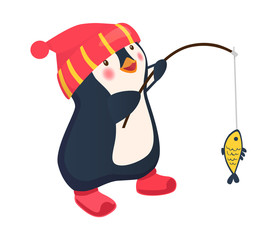 penguin fisherman caught fish