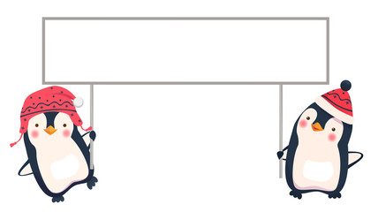two penguins holding banner