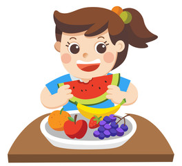 A Little Girl happy to eat Friuts. She love Friuts.