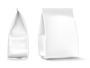 Food snack pillow bag on white background. Front and side views. Vector illustration. Can be use for template your design, promo, adv. EPS10.