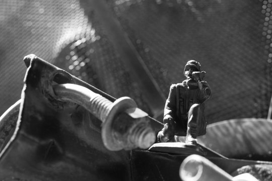 Close up image of  toy military army on battle field