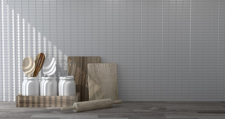 kitchen wood utensils,chef accessories cooking in front of the white wall 3d rendering home modern food restaurant background for copy space
