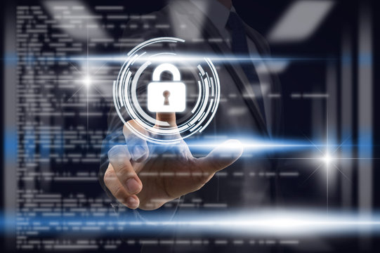 Businessman Fingerprint scan the smart table for unlock th screen over blurred data center server room with coding background,, Business Technology sceurity Concept.