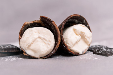 Ice cream in a horn with chocolate