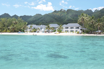 Landscape view from a boat of Muri lagoon beach in Rarotonga Cook Islands