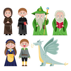 Flat style of magical and middle-ages characters composed in setting on white background. 