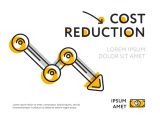 Flat design of minimalist graph showing cost reduction isolated on white. 