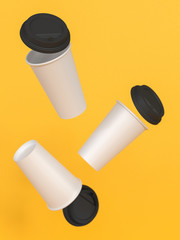 3d model of paper cups with a lid standing on a plane under natural light. Yellow background. Rendering.