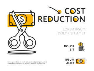 Flat design of infographic poster with scissors cutting money bill showing cost value loss. 
