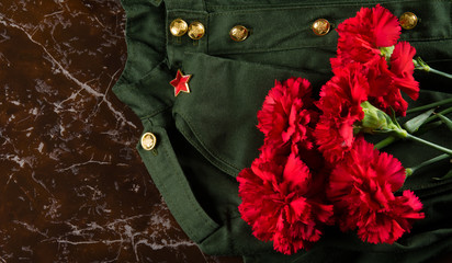 military clothing, cap and pinks, against the background of marble