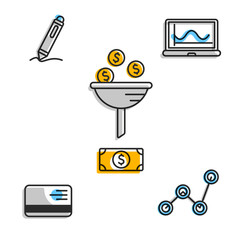 Minimalist infographic set of icons showing finances and money operations on white backdrop. 