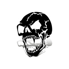 Aggressive skull with open jaw, black silhouette with shadow on white background,