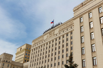 Fototapeta na wymiar Building of the Ministry of defence of the Russian Federation close-up on a blue sky background in Moscow