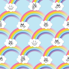 Obraz na płótnie Canvas Rainbow, white clouds of emoticons. A seamless pattern for your ideas.