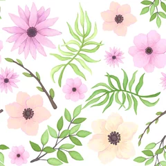 Tuinposter Vector Seamless Pattern of Pink Flowers and Green Leaves © Nebula Cordata