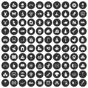 100 nursery school icons set black circle