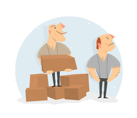 Movers load boxes. Delivery service. Cartoon character.