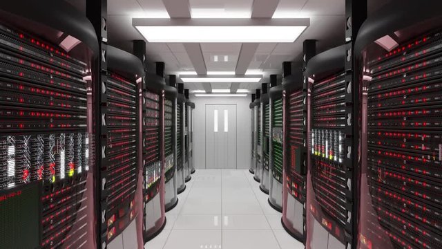 Modern working server room with rack servers. Cloud computing in datacenter, information storage. Server error with red indicators.