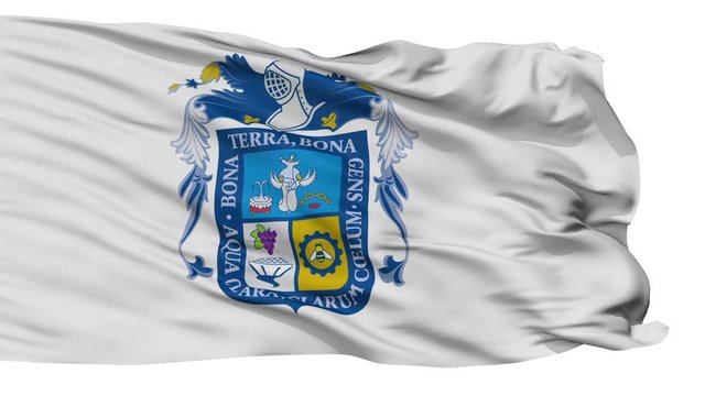 Aguascalientes flag, city of Mexico, realistic animation isolated on white seamless loop - 10 seconds long (alpha channel is included)
