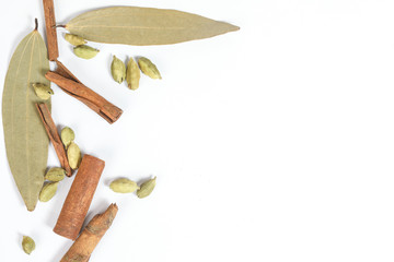 Bay leaf Cinnamon cardamom spice border frame