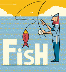 Fishing. Fisherman with big fish. Flat style colorful Cartoon illustration.