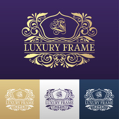 Luxury label or King place symbol element with decorative calligraphy object set. Template for classical card, invitation, identity cover design, packaging, hipster stamp. Vector illustration 
