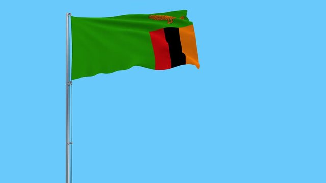 Isolate flag of Zambia on a flagpole fluttering in the wind on a transparent background, 3d rendering, 4k prores footage, alpha transparency
