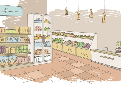 Grocery store shop interior color graphic sketch illustration vector