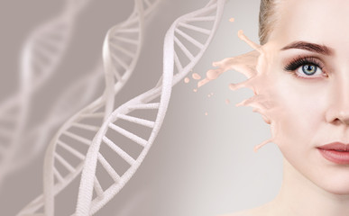 Sensual woman with foundation splash among DNA chains.