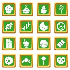 Sweets candy cakes icons set green square vector
