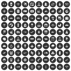 100 plane icons set black circle